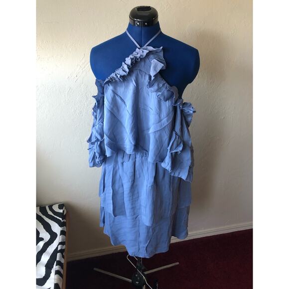 NWT Parker Silk Off- the shoulder Halter Neckline Dress in Blue - Picture 1 of 6